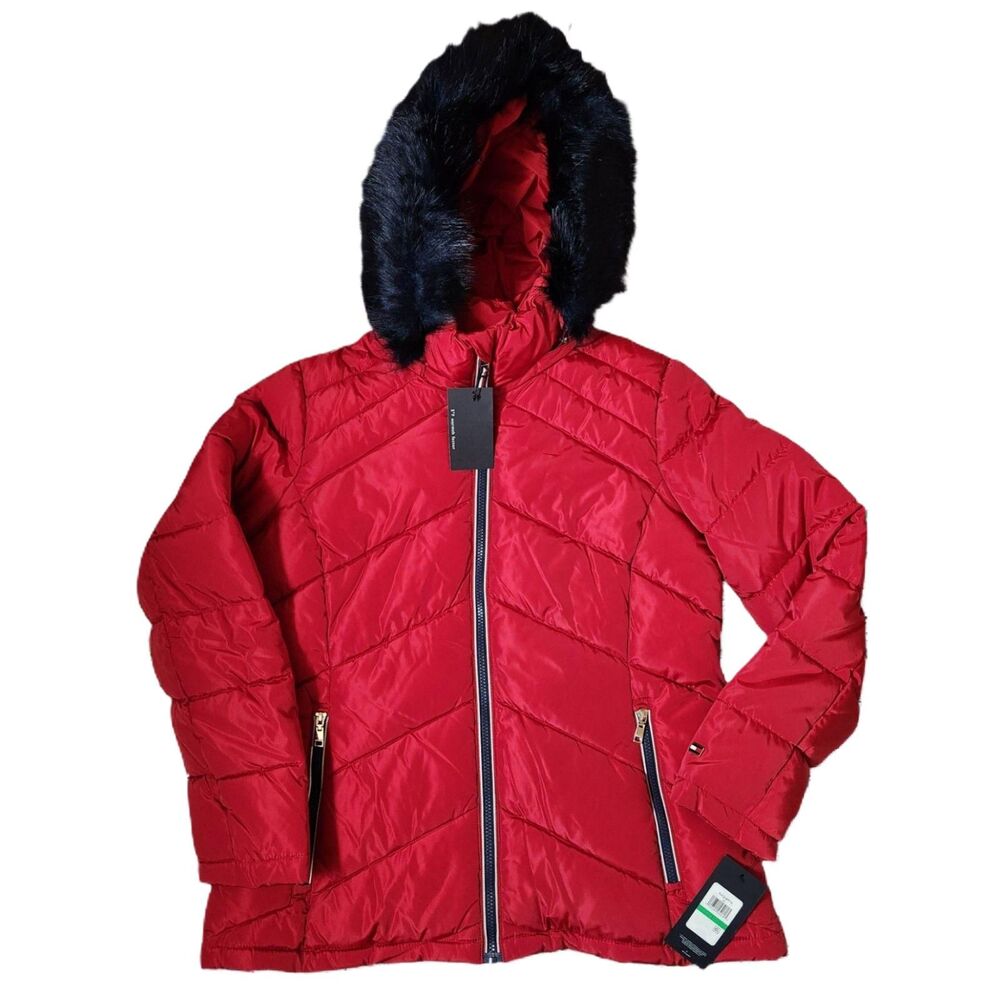 Tommy Hilfiger Women’s Large Hooded Puffer Jacket Red NWT